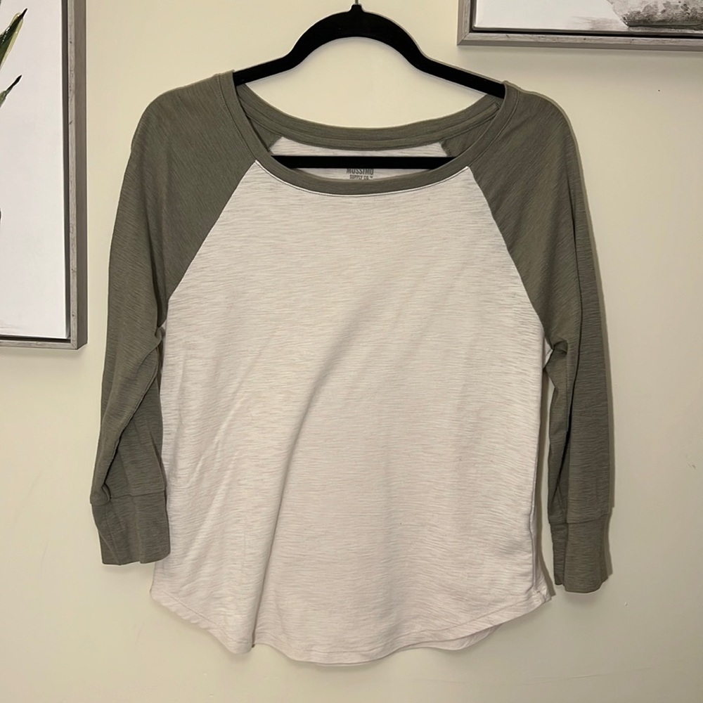 Off White and Green Baseball Tee with 3/4 Length Sleeves